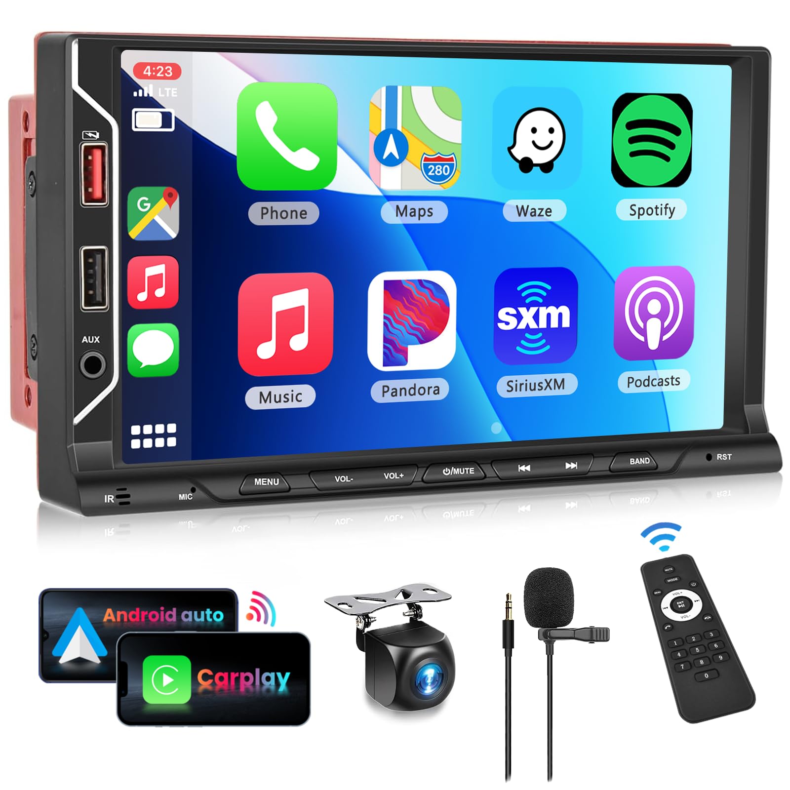 Podofo 7-inch Wireless CarPlay & Android Auto Double Din Car Stereo - Bluetooth 5.1 Touch Screen Car Radio with FM, USB, AUX, TF Card & Rear View Camera - Universal Car Multimedia Player for Road Trips & Daily Commuting