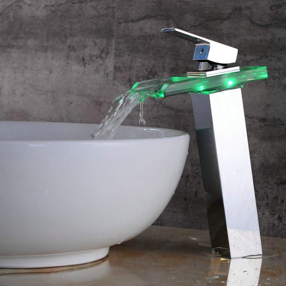 Modern Chrome LED Waterfall Glass Faucet with Cold Water & Color Changing Light - Smart Touchless Bathroom Sink Faucet for Kitchen & Vanity | Durable, Stylish & Water-Saving Design for Home & Commercial Use