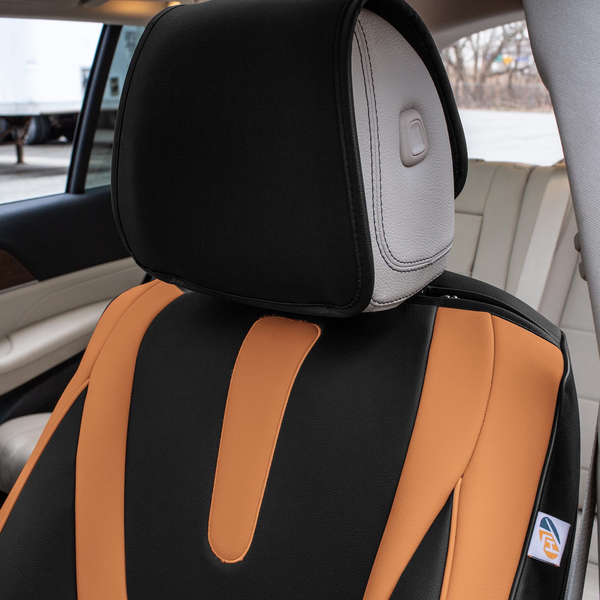 Premium TLH Hybrid70 Deluxe Faux Leather Brown Car Seat Covers Set - Modern Pattern, Universal Fit for Cars, Trucks & SUVs (2-Pack) | Waterproof Seat Protector Cushion | Perfect for Daily Commute, Road Trips & Family Travel