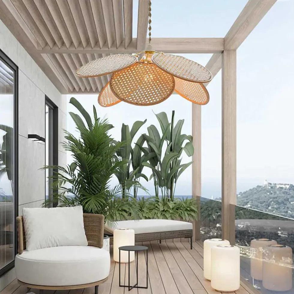 Rattan Disc Petal Pendant Light - Boho Chic Ceiling Fixture for Bedroom, Living Room, Dining Room & Porch Lighting Decor