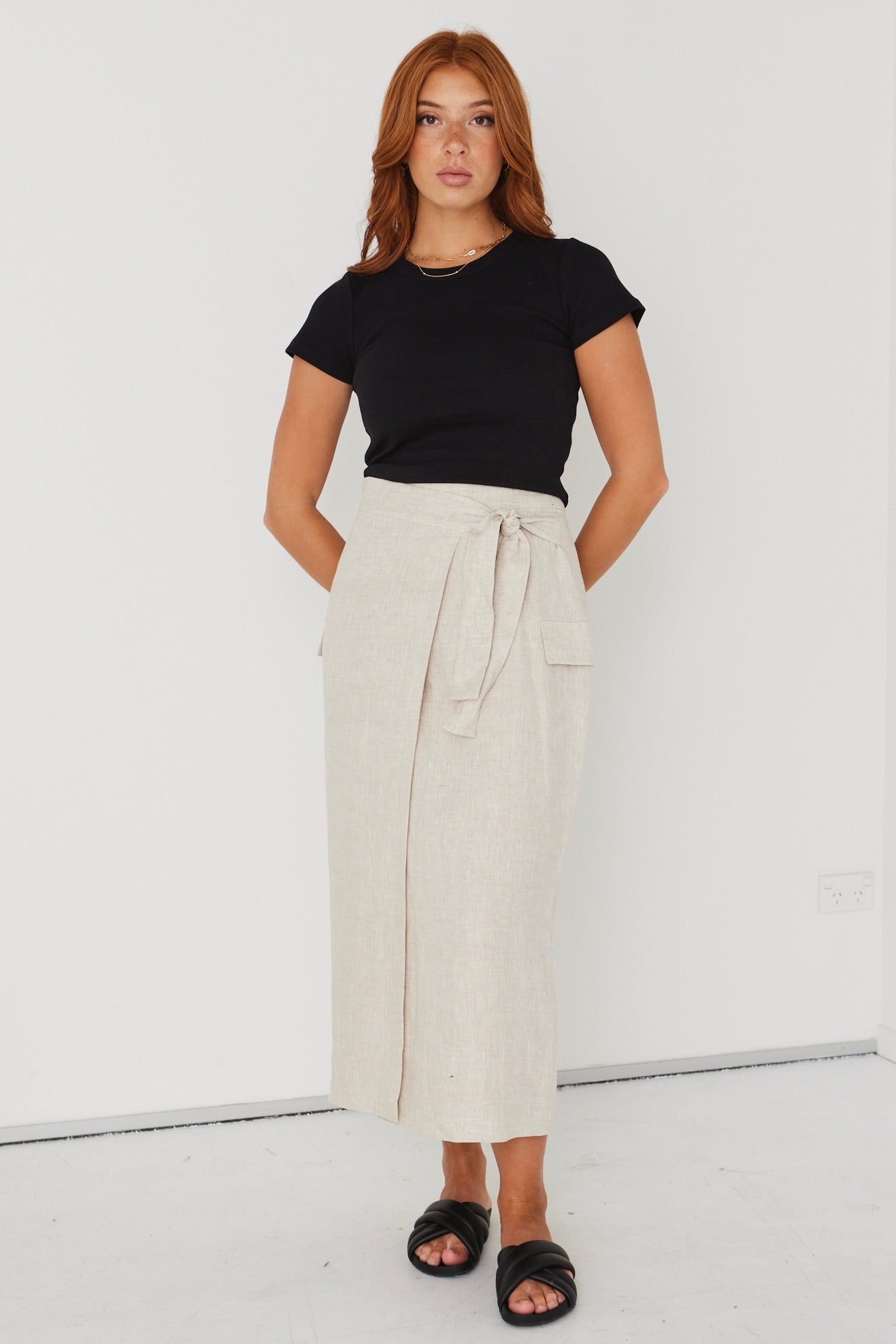 Grounded Natural Linen Wrap Cargo Midi Skirt - Women's Boho Casual Summer Skirt with Pockets | Perfect for Beach, Travel & Everyday Wear