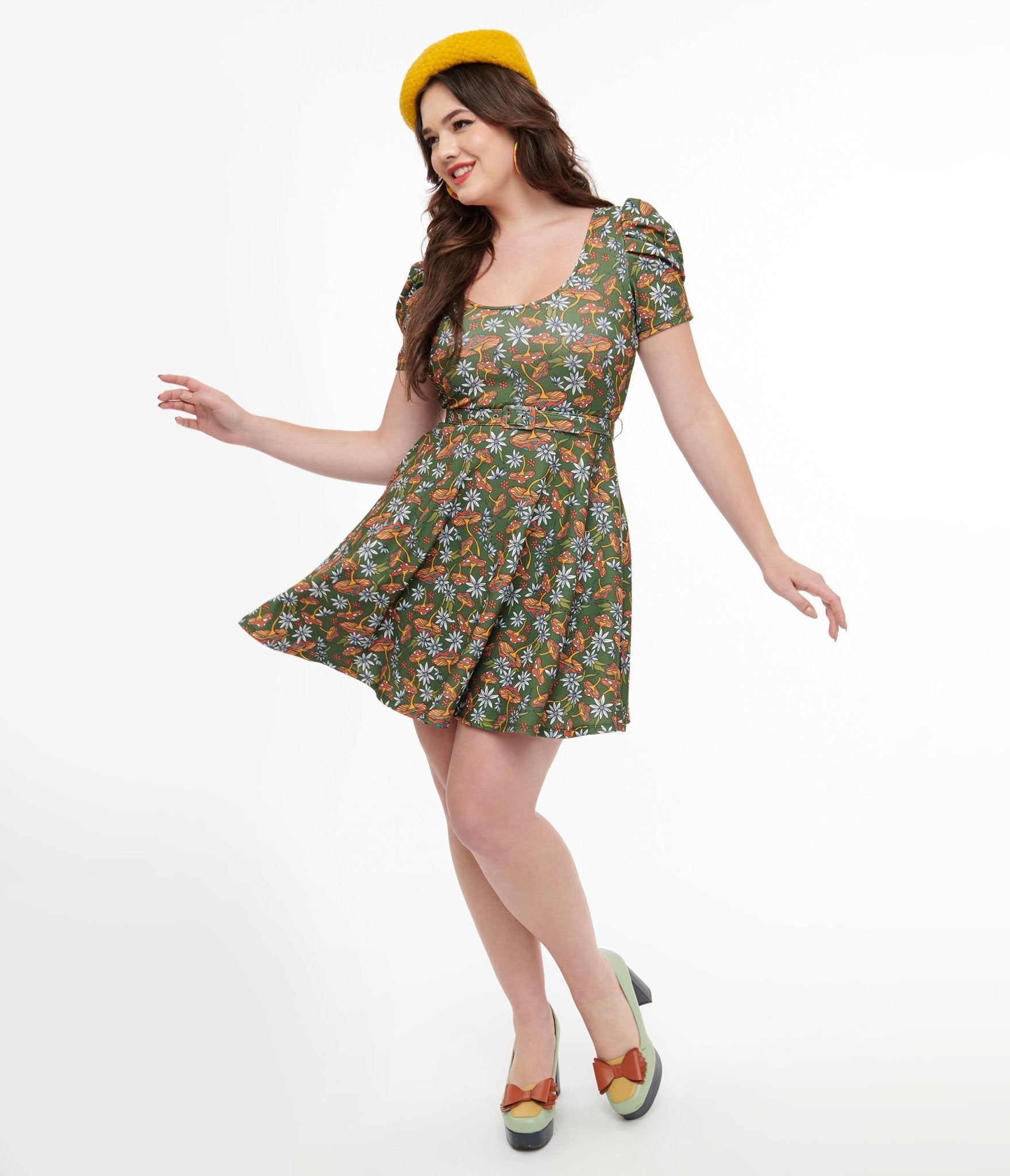 Smak Parlour 1960s Vintage Green & Orange Mushroom Print Flare Dress - Retro Hippie Style for Music Festivals & Boho Parties