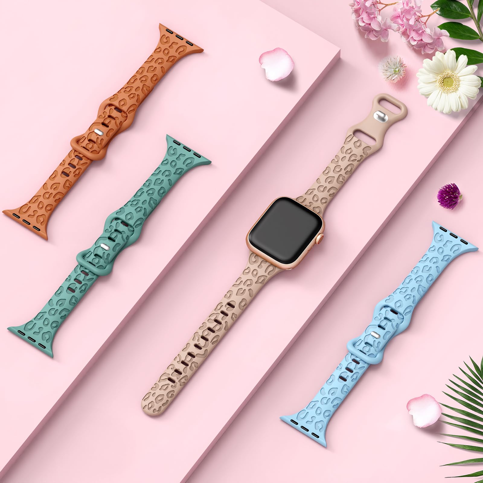 4-Pack Leopard Print Engraved Apple Watch Bands - Compatible with 38mm/40mm/41mm/42mm/44mm/45mm iWatch Series Ultra 2/9/8/7/6/5/4/3/2/1/SE - Slim Sport Wristbands for Women - Perfect for Workouts, Office & Casual Wear