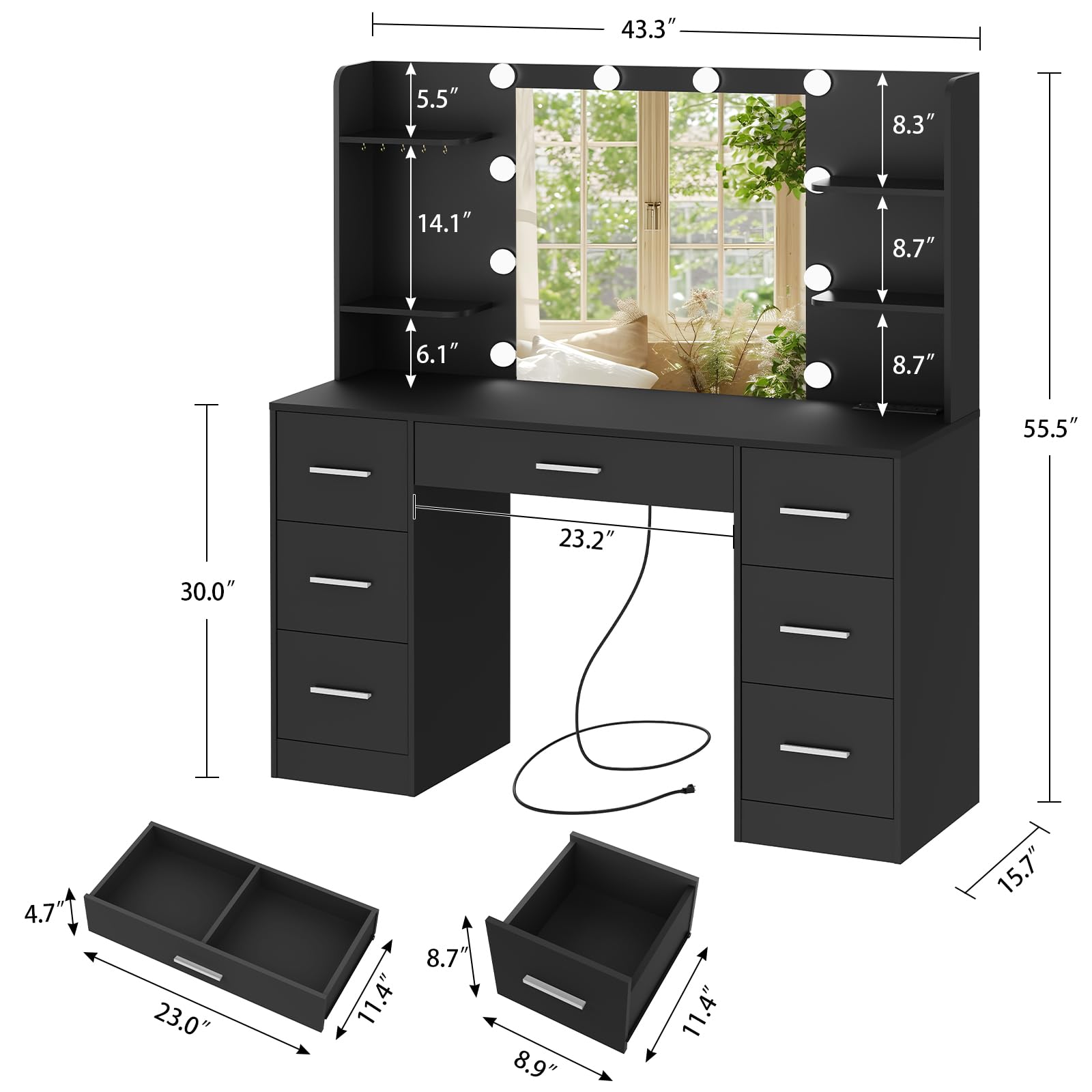 Quimoo Large Vanity Desk with LED Lighted Mirror & Power Outlet - Makeup Vanity Table with 7 Drawers, 4 Shelves & 5 Hooks - Modern Vanity Desk Set for Bedroom or Bathroom (Black) - Perfect for Makeup Organization, Dressing Room & Home Decor
