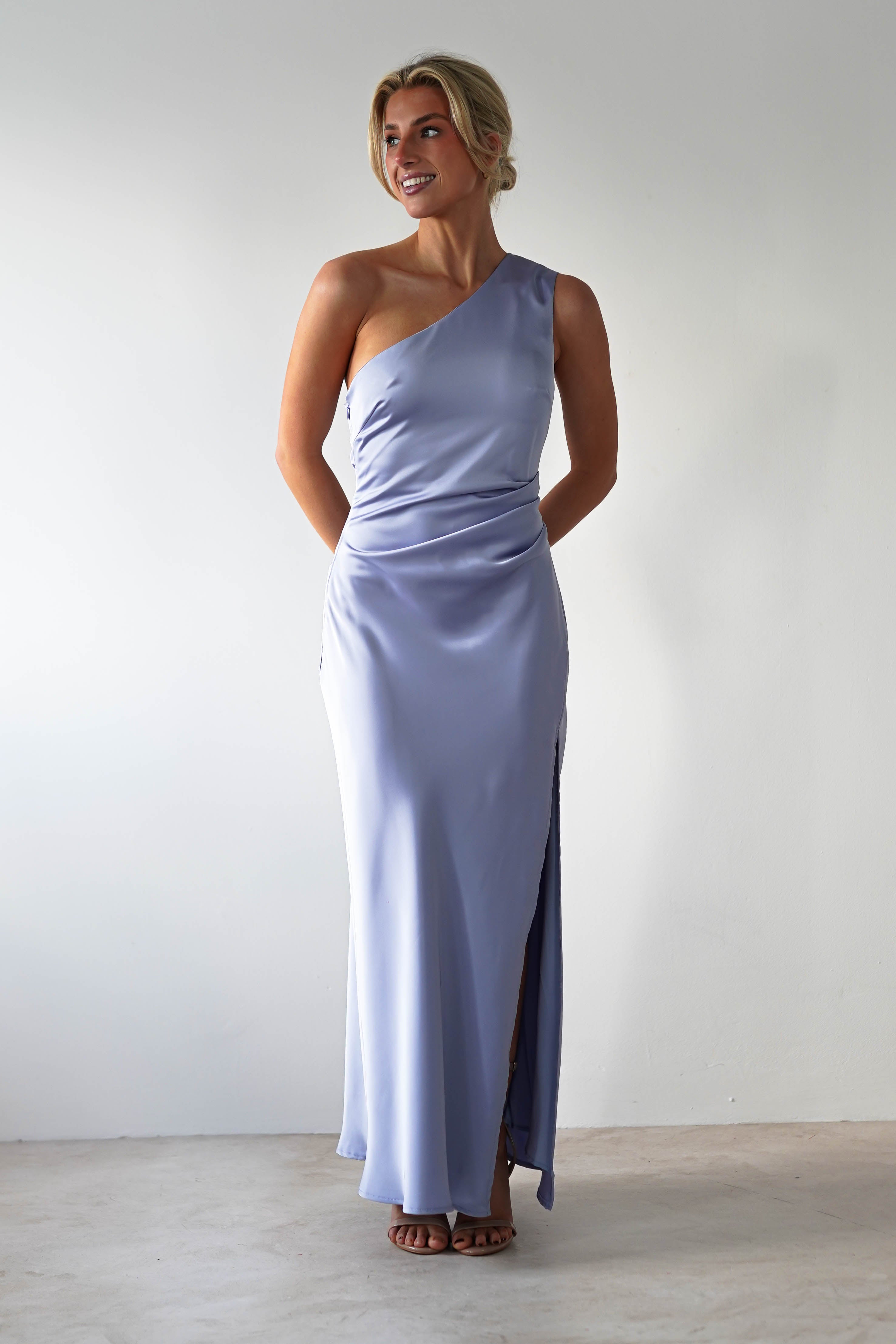 Meera Soft Matte Satin Midaxi Dress - Elegant Periwinkle Blue Midi Dress for Women | Perfect for Cocktail Parties, Weddings & Evening Events