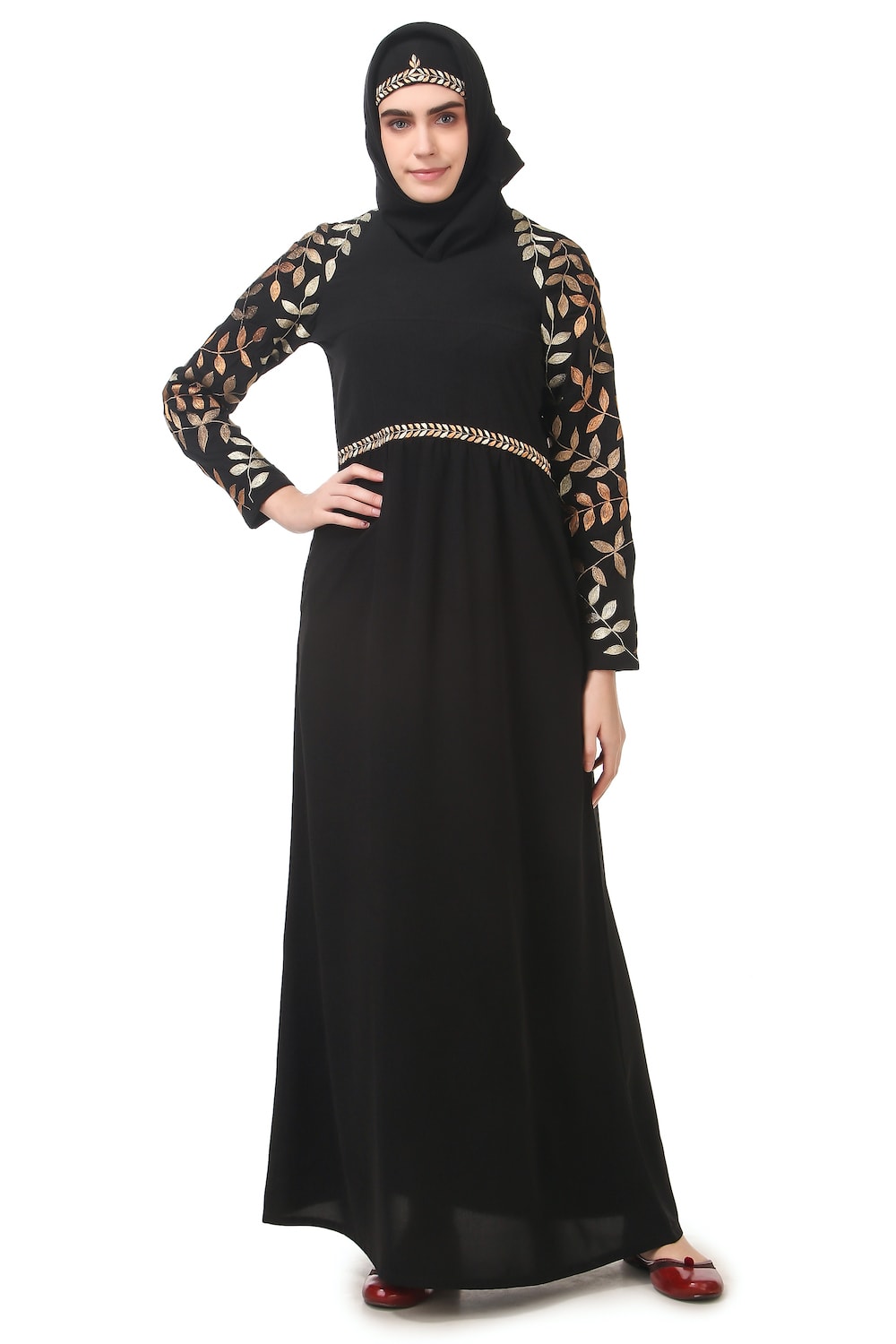 Elegant Metallic Leaf Embellished Nida Abaya - Modest Islamic Dress for Women - Perfect for Eid, Prayer & Special Occasions