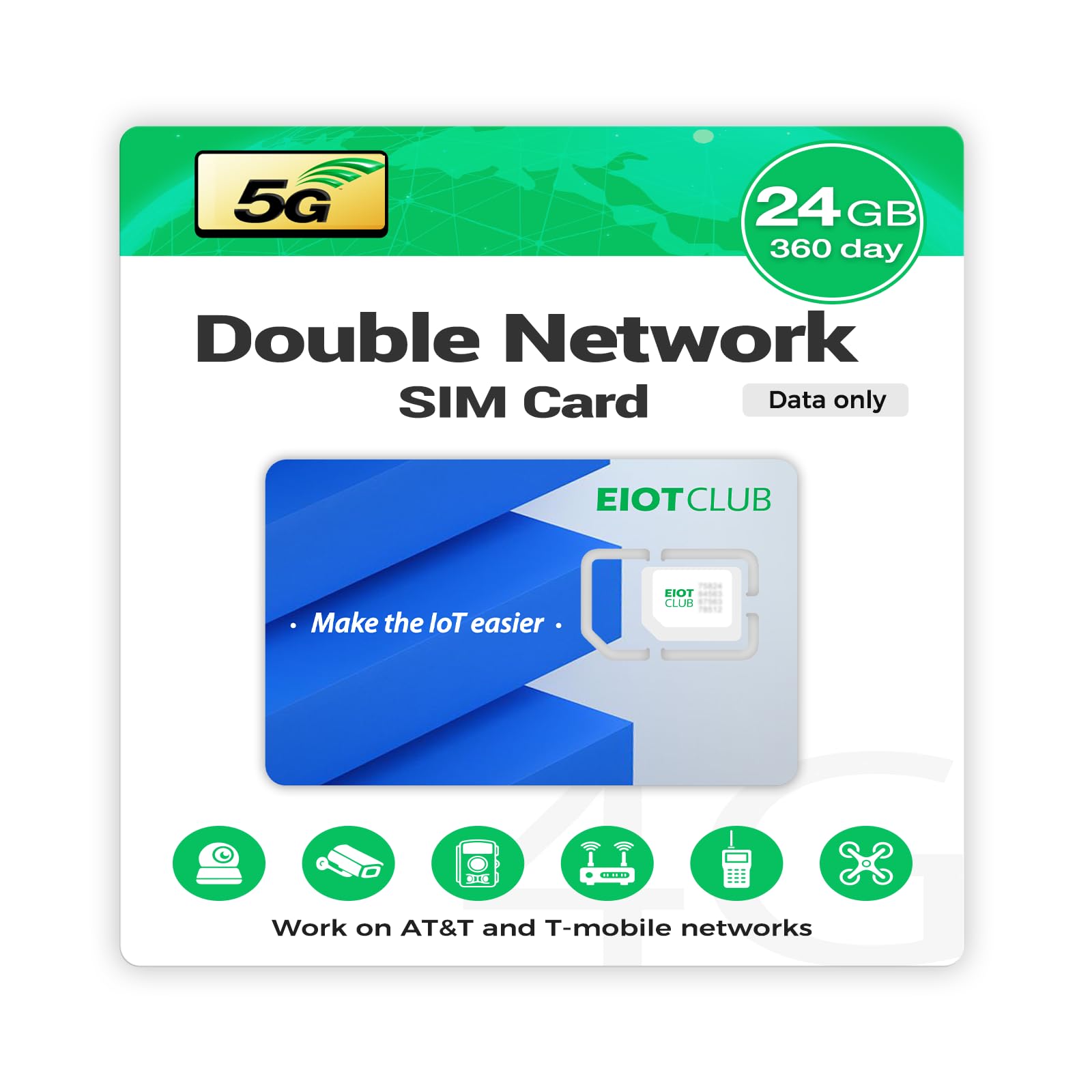 EIOTCLUB 5G LTE Prepaid Data SIM Card - No Contract, Works with US Networks, Ideal for Security Cameras, WiFi Hotspots & Trail Cameras - Perfect for Travel, Remote Work & Outdoor Monitoring (1 Year Plan)