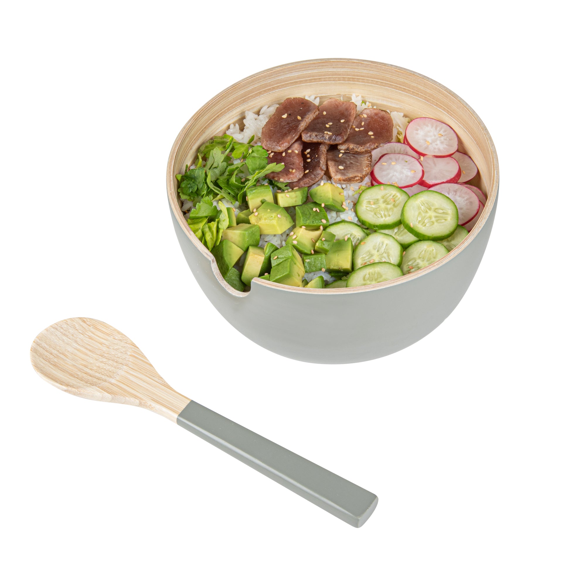 Bambuddha 25 oz Round Gray Spun Bamboo Serving Bowl with Serving Spoon - 7.75