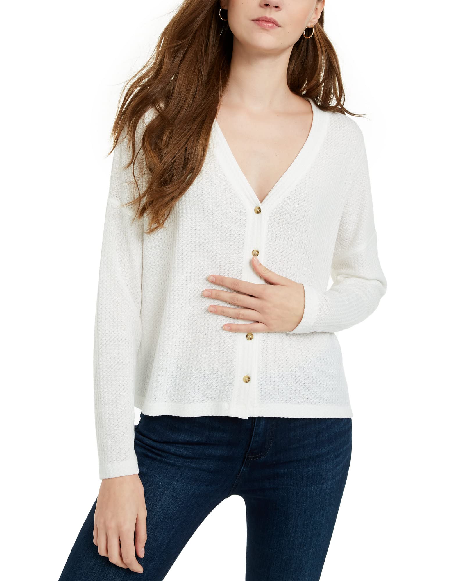 Women's Juniors Waffle Knit Cropped Cardigan Sweater - Soft Long Sleeve Open Front Shrug for Casual Outfits, Layering & Fall Fashion