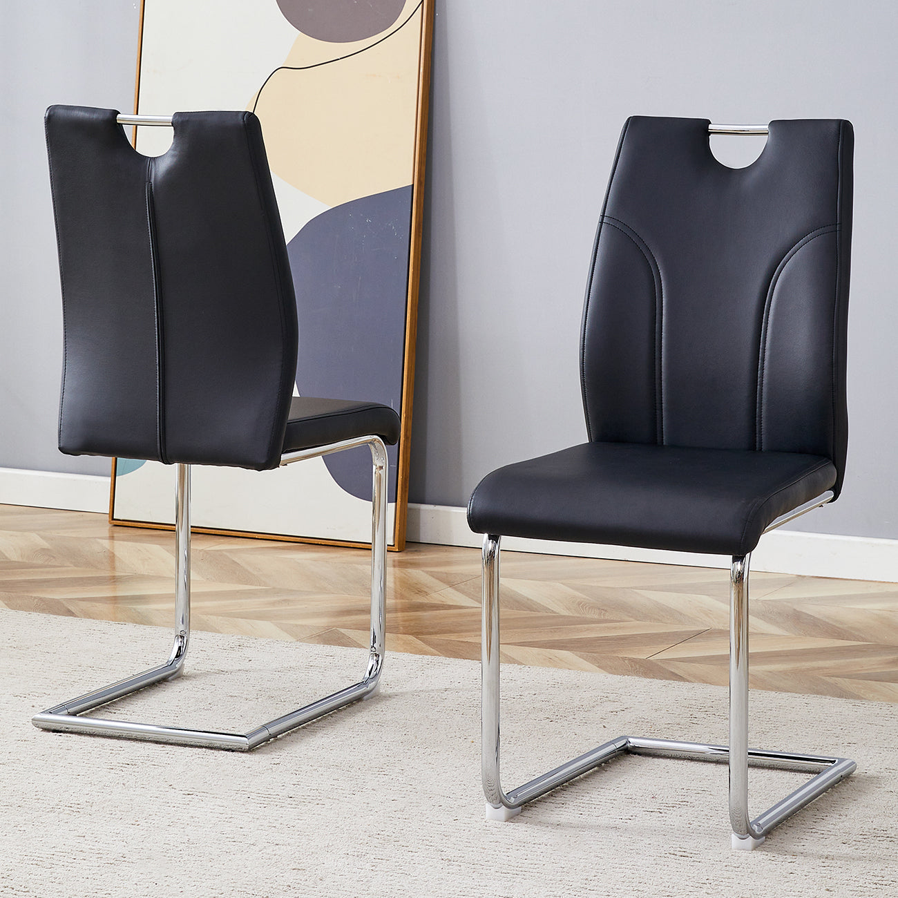 Modern Black PU Leather Dining Chairs Set of 2 - Waterproof & Stain-Resistant with Silver Metal Legs - Elegant Office, Restaurant, Kitchen & Conference Room Seating - Perfect for Home Dining & Commercial Spaces