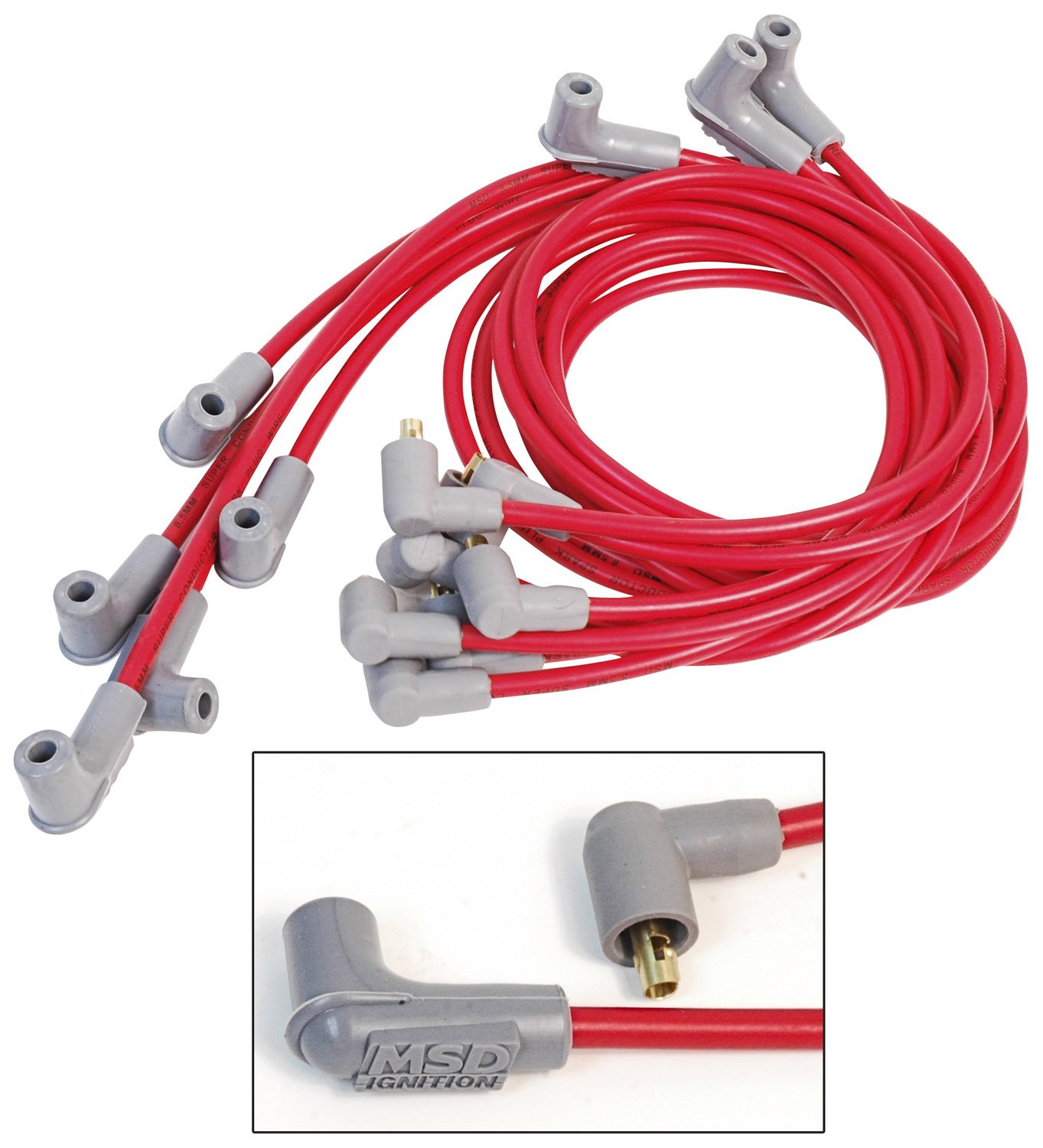 MSD 31609 Super Conductor Spark Plug Wire Set - Red High Performance Ignition Wires with Socket Style Terminals for Car, Truck & Motorcycle Engine Upgrades