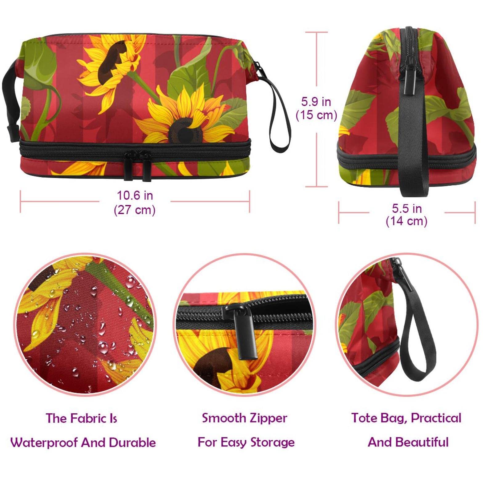 Large Makeup Bag for Women Travel - Waterproof Cosmetic Organizer with Modern Stripe Sunflower Design, Toiletry Bag for Makeup Brushes & Skincare Products (Perfect for Travel, Gym & Daily Use)