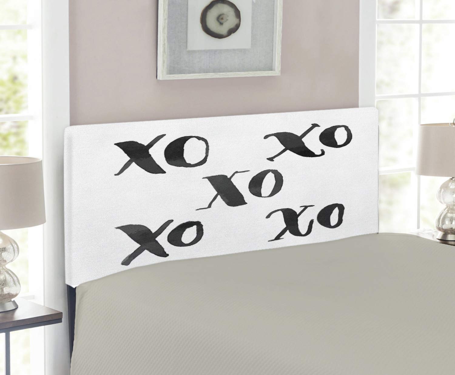Ambesonne Xo Upholstered Headboard - Twin Size Black and White Romantic Calligraphy Print with Memory Foam - Classic Vintage Bed Headboard for Master Bedroom, Guest Room & Dorm Decor