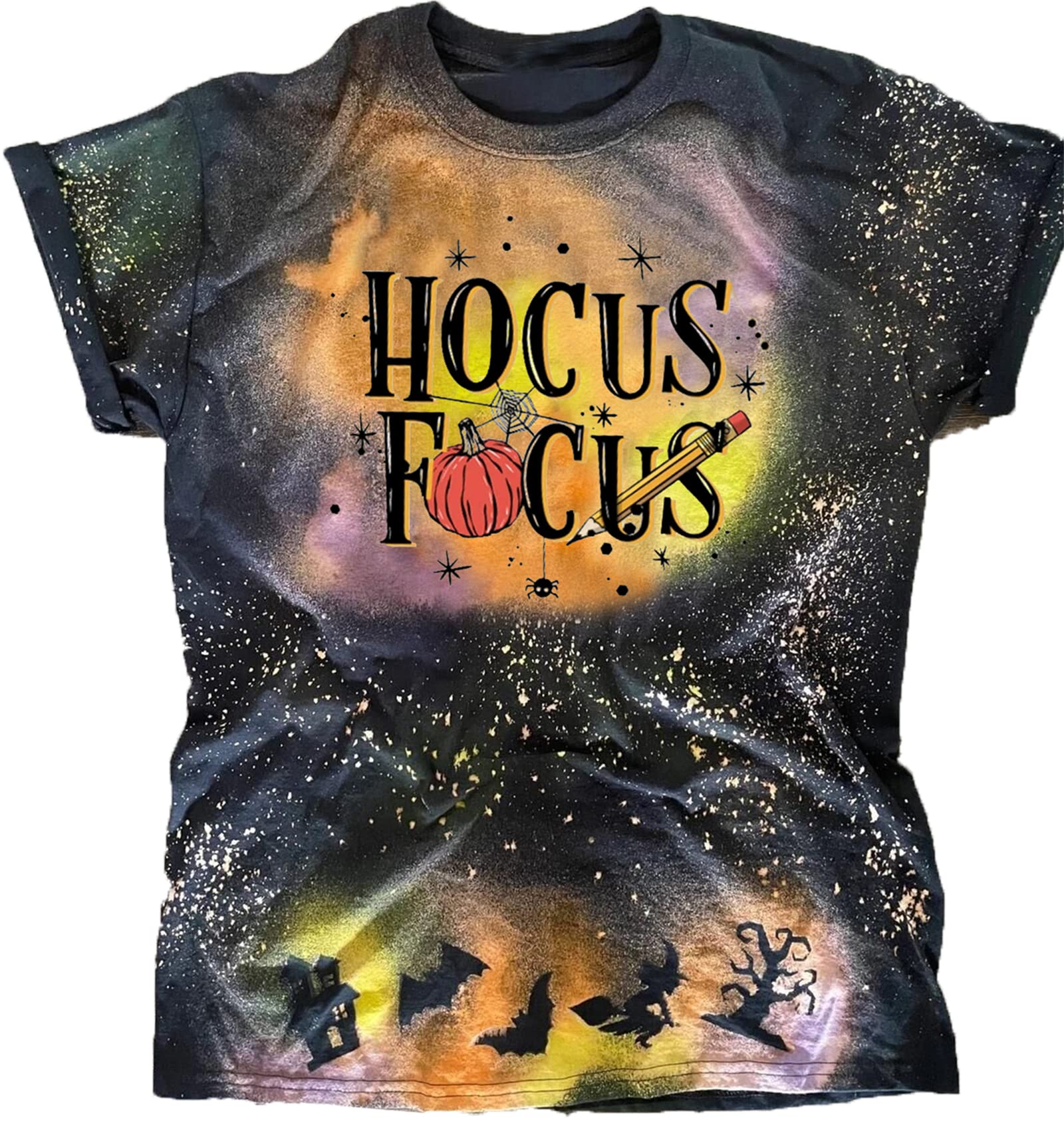 Halloween Teacher Shirts for Women - Cute Bleached Hocus Pocus T-Shirt with Pumpkin Graphic - Fall Short Sleeve Top for Classroom, School Events & Halloween Parties