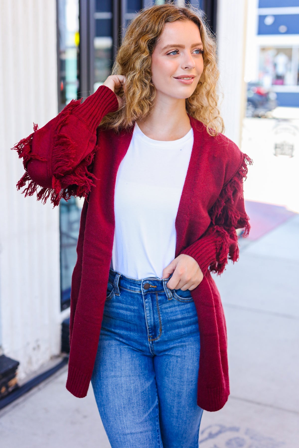 Stylish Burgundy Fringe Detail Knit Cardigan for Women | Elegant Open Front Sweater | Perfect for Fall Outfits, Date Nights & Office Wear
