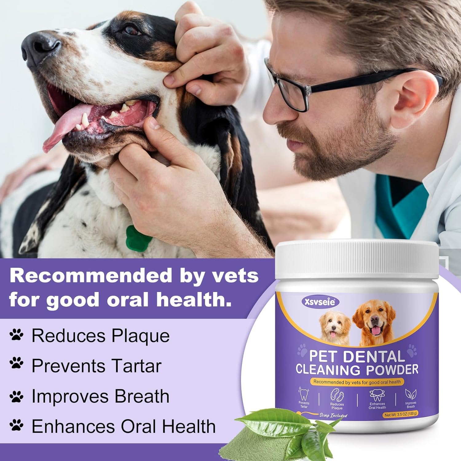 Natural Dog Teeth Cleaning Powder for Bad Breath Treatment - Dental Care Powder with Probiotics to Remove Plaque & Tartar - Freshen Dog Breath for All Breeds & Sizes - Perfect for Daily Oral Hygiene & Vet Visits