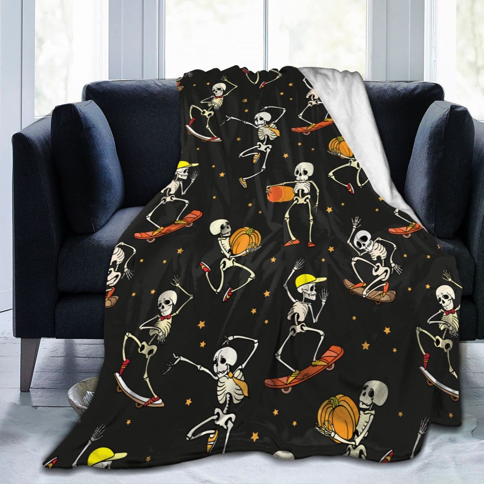 Funny Dancing & Skateboarding Skeletons Flannel Fleece Throw Blanket - 80