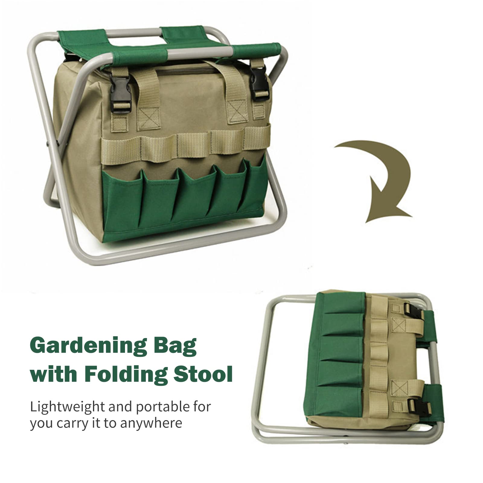 **Kavolet Heavy Duty Garden Tool Bag with Folding Stool - Large Capacity Detachable Canvas Storage Organizer for Gardening, Lawn & Yard Tools - Perfect for Outdoor Work, Landscaping & DIY Projects**