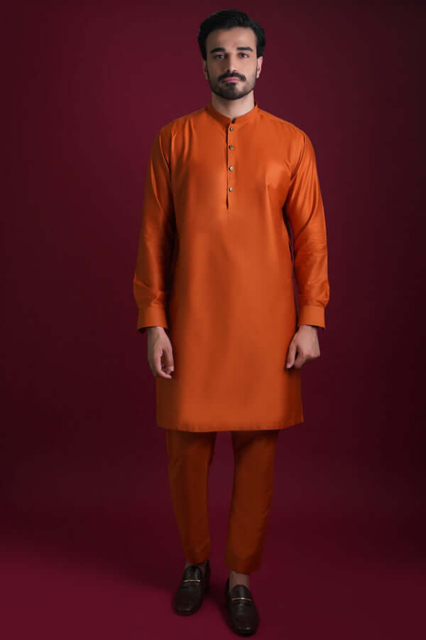 Stylish Burnt Orange Kurta Pyjama Set for Men - Comfortable Cotton Ethnic Wear - Perfect for Festivals, Weddings & Casual Outings