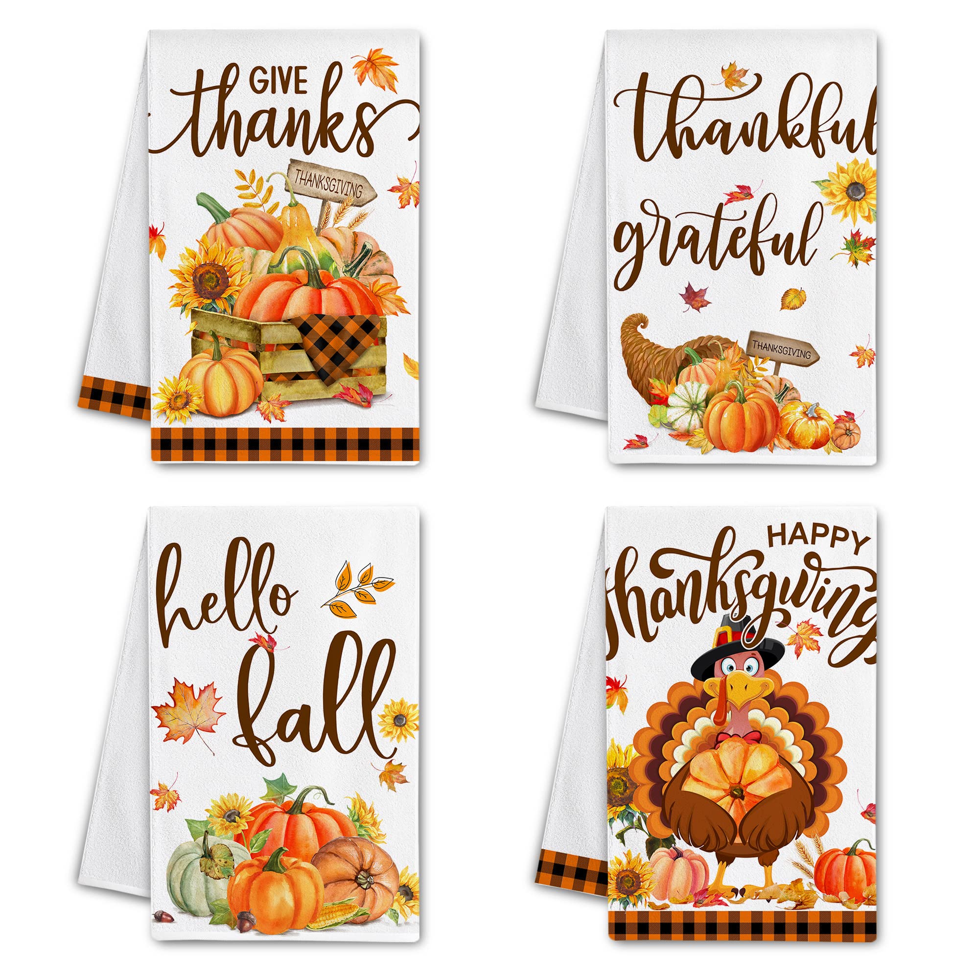 Hexagram Thanksgiving Kitchen Towels Set of 4 - Fall Harvest Decor Dish Cloths with Turkey & Pumpkin Designs - Cozy Autumn Home Decor for Thanksgiving Dinner, Housewarming Gifts & Holiday Table Settings