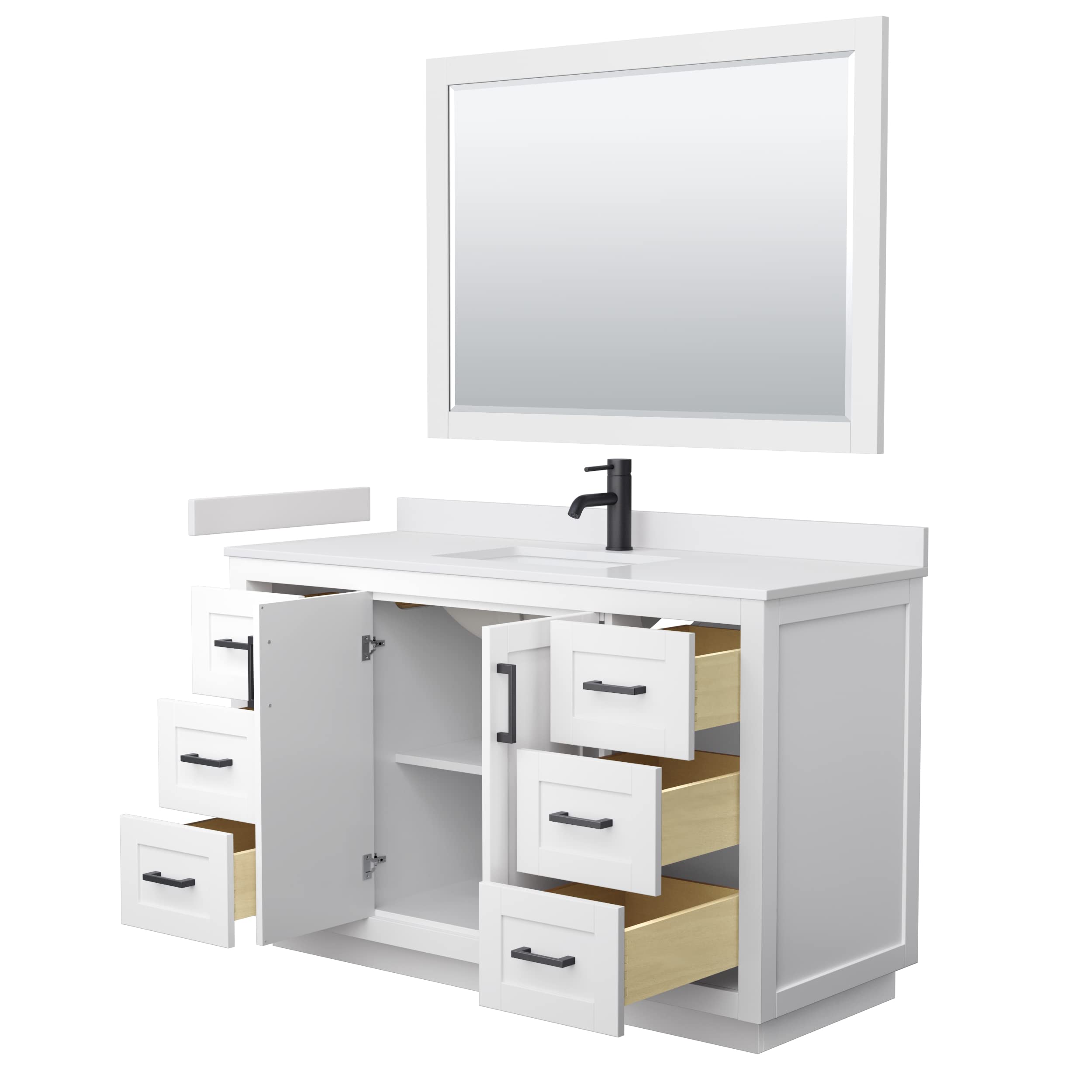 Wyndham Collection Miranda 54 Inch White Bathroom Vanity with White Cultured Marble Countertop, Undermount Square Sink & Matte Black Trim - Includes 46 Inch Mirror for Modern Bathroom Remodeling & Home Upgrade