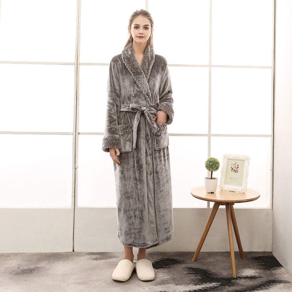 SDCVRE Winter Bathrobe for Men & Women - Plus Size Flannel Long Robe with Velvet Stitching, Thickened Warm Fleece Pajamas for Fall & Winter (Gray) - Perfect for Cozy Nights, Spa Days & Relaxing at Home