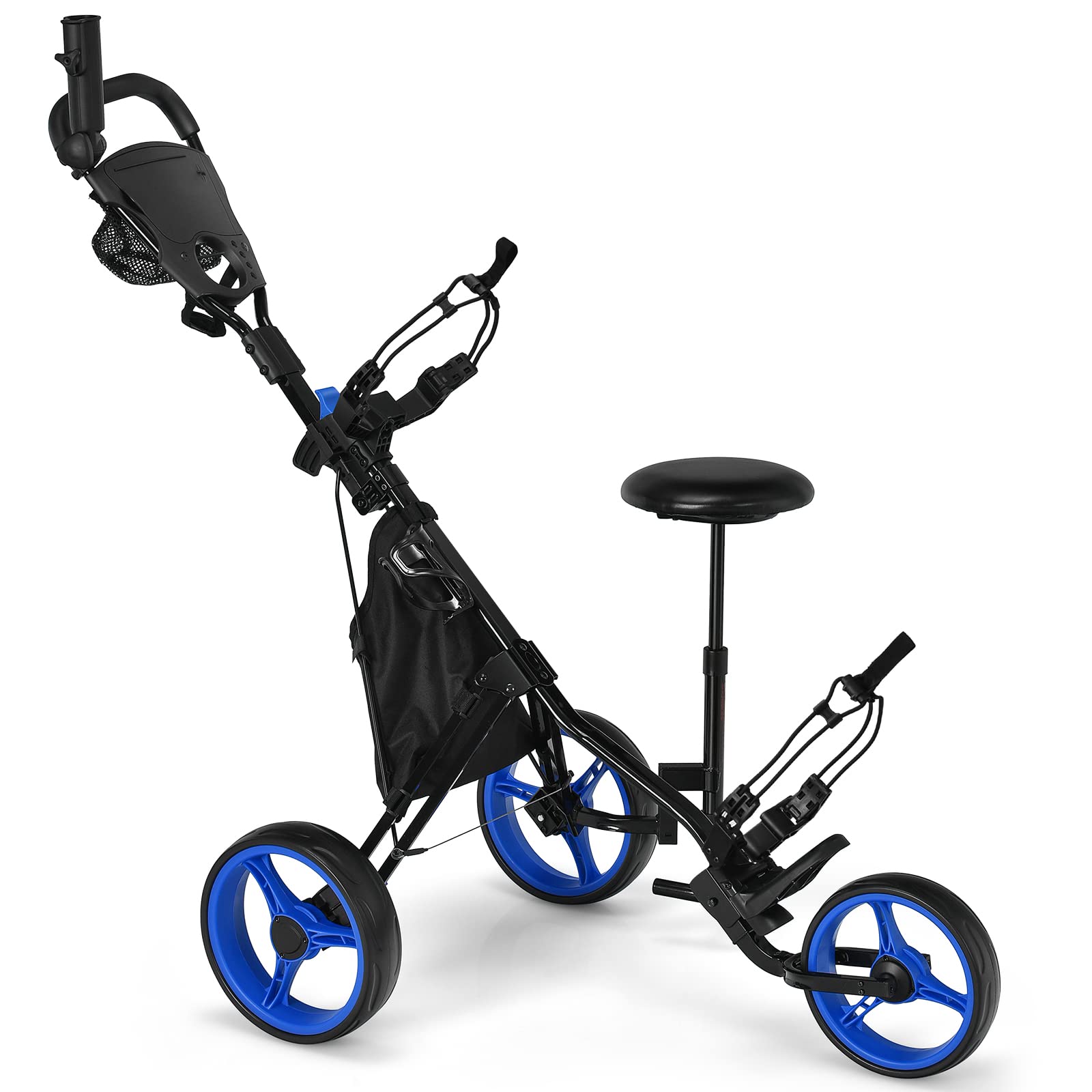 Tangkula Lightweight Foldable 3-Wheel Golf Push Pull Cart with Seat - Adjustable Umbrella Holder, Foot Brake & 4-Position Handle - Perfect for Golf Course, Driving Range & Outdoor Practice