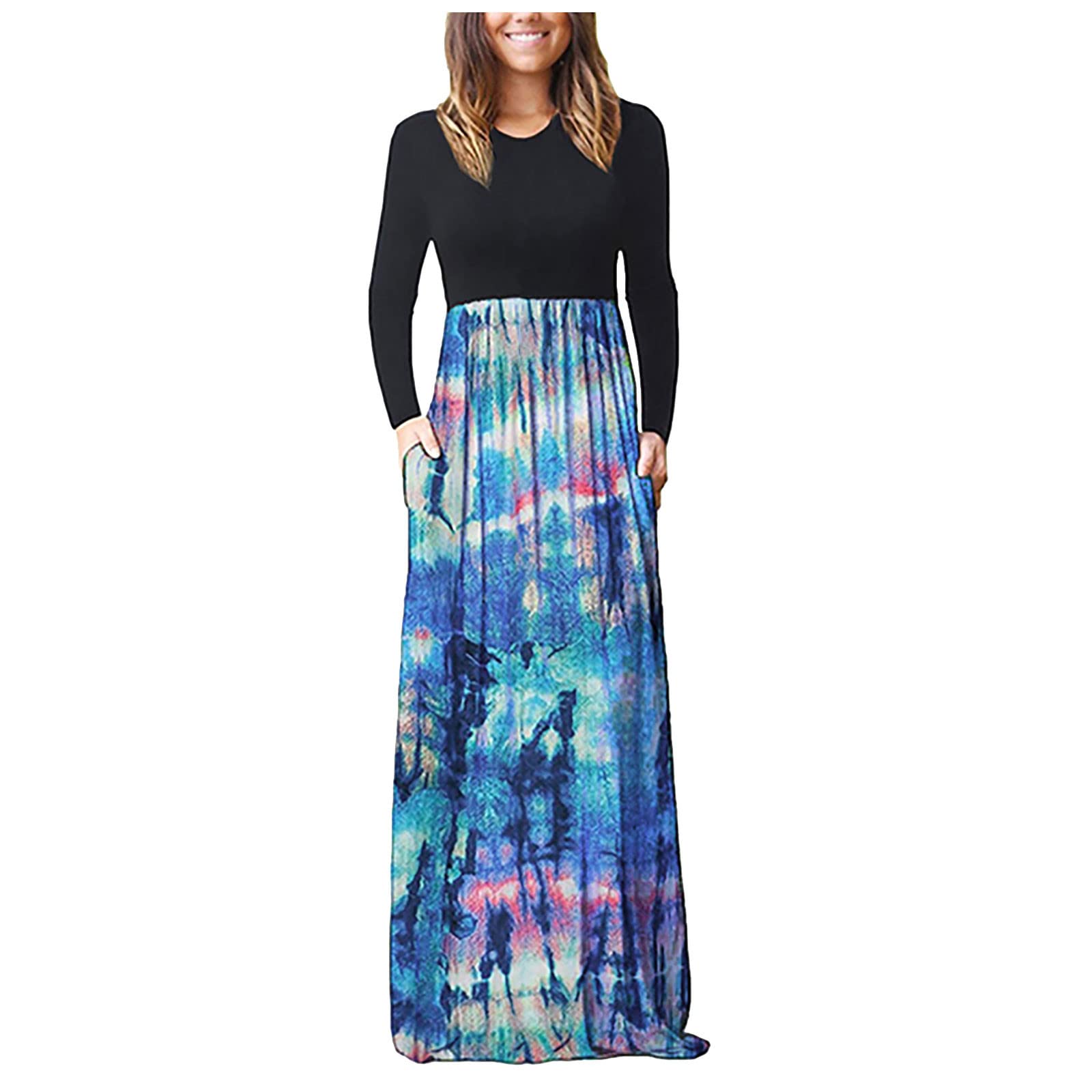 Women's Long Sleeve Loose Plain Maxi Dress with Pockets - Casual Flowy Boho Dress for Everyday Wear, Beach Cover Up or Vacation Outfit