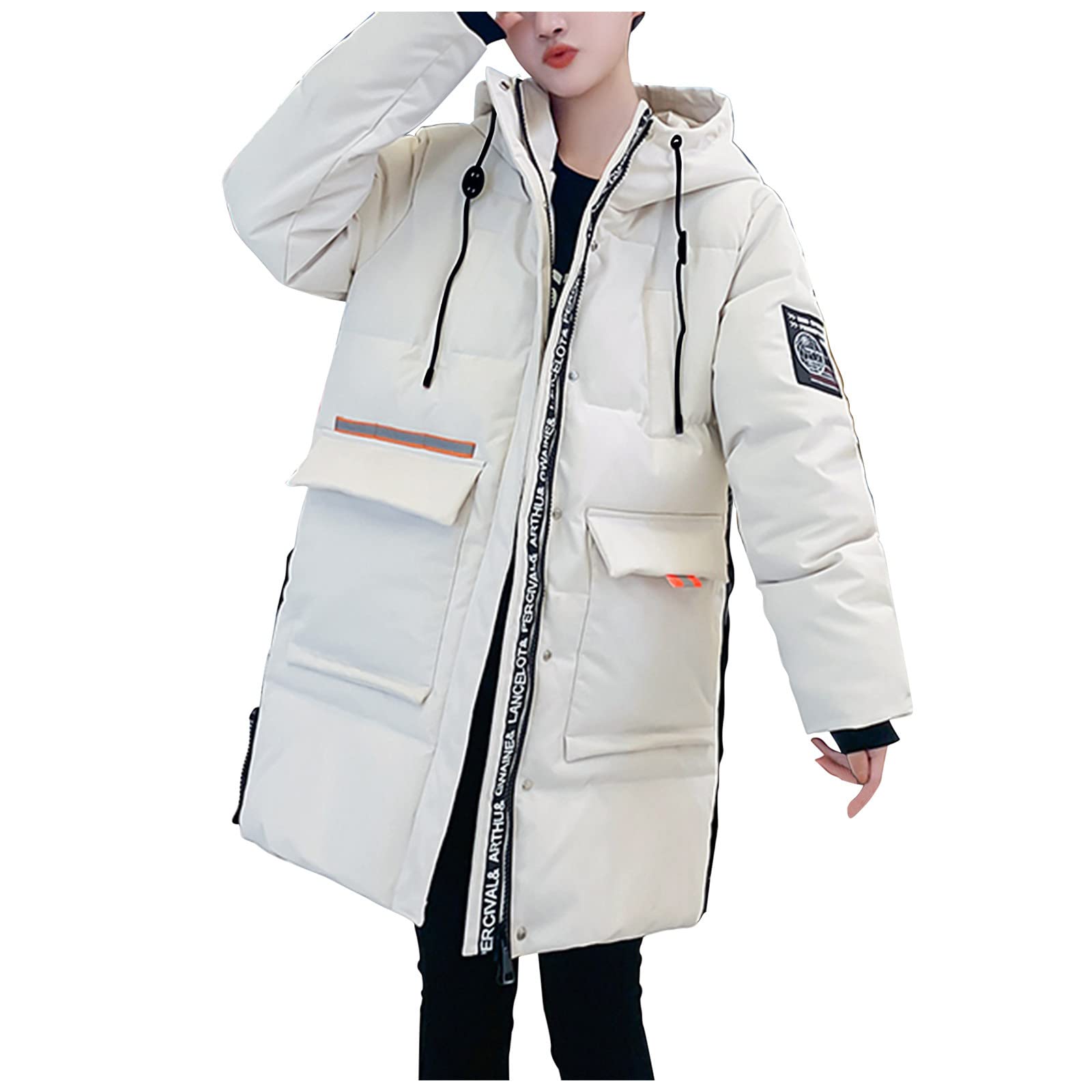 Women's Mid-Length Loose Hooded Down Coat with Drawstring & Fashion Pockets - Spring Outerwear Jacket for Casual Wear, Travel & Outdoor Activities (Beige)