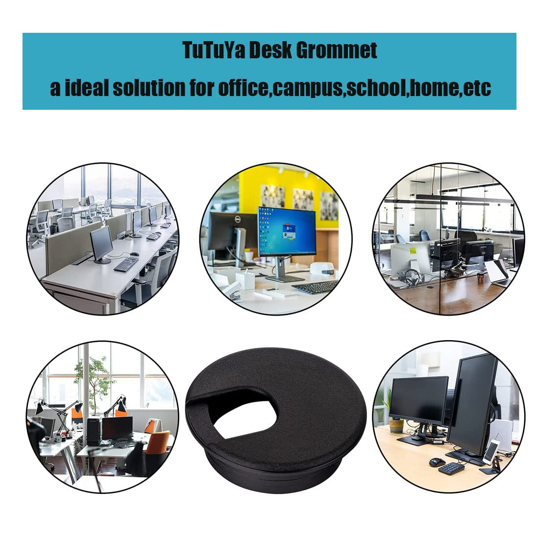 TuTuYa 10PCS 1-3/8 Inch (35mm) Black Desk Cable Grommet Hole Covers with Hole Saw - Durable Cable Management Solution for Office & Home Desks - Perfect for Computer, Monitor & TV Wire Organization