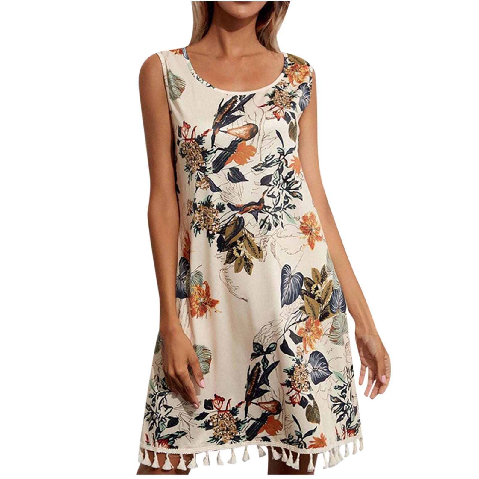 VAIFTILNO Women's Floral Print Sundress - Sleeveless Loose Fit Tank Dress with Tassel Hem for Summer Casual Wear | Perfect for Beach Vacation, Holiday Party & Everyday Outfits