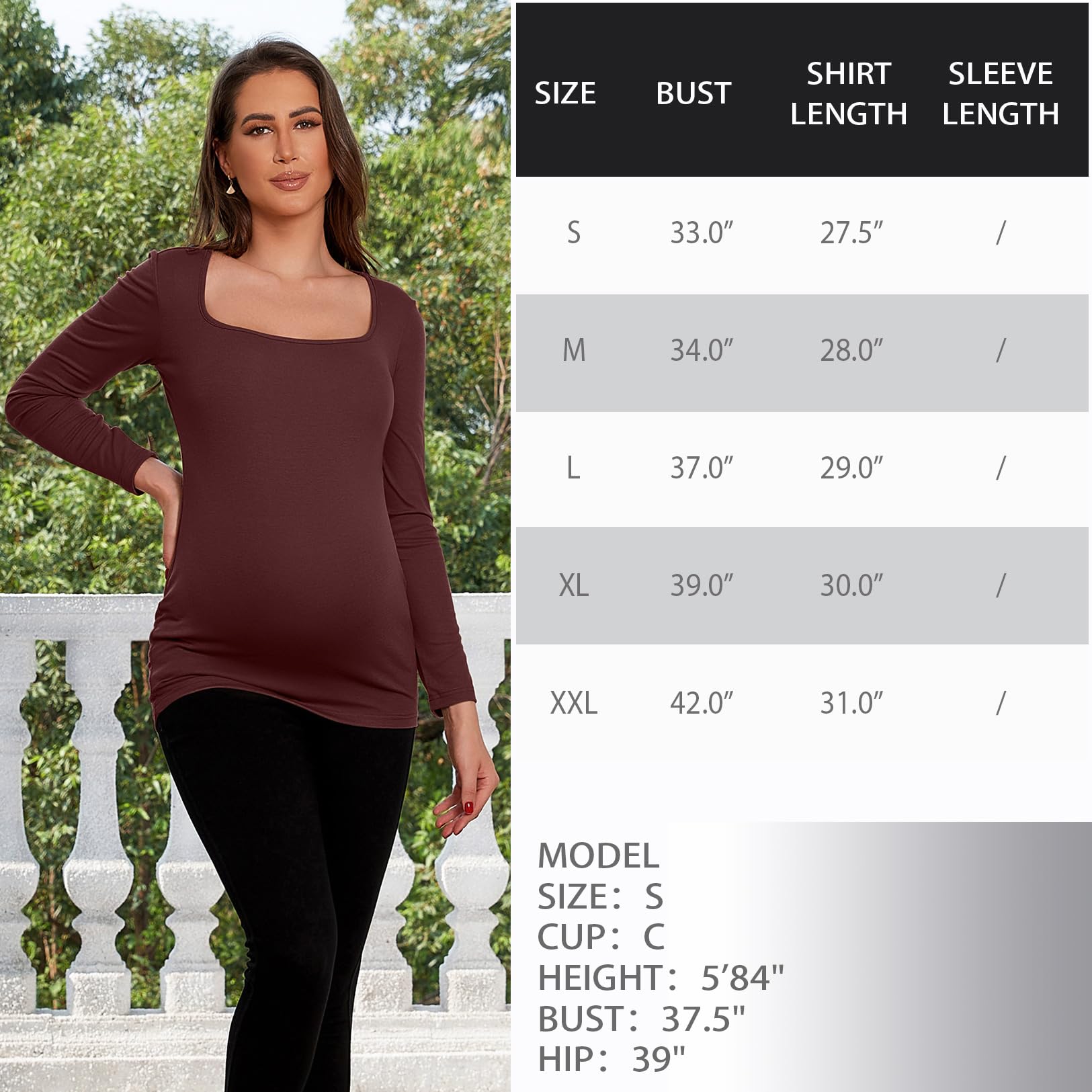 Bhome Maternity Shirt - Square Neck Long Sleeve Slim Fitted Pregnancy Top for Women | Perfect for Work, Date Night & Baby Shower Outfits