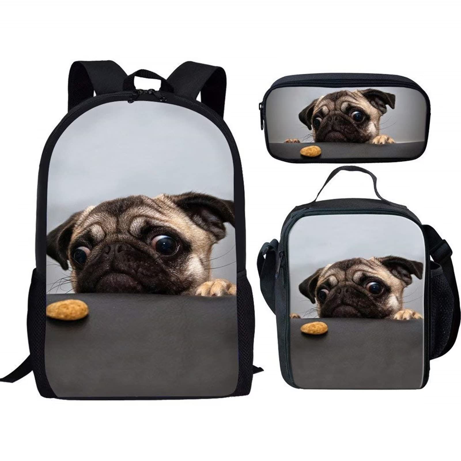 Cute 3D Pug Dog Print Backpack for Boys & Girls - School Backpack with Lunch Box & Pencil Case - Perfect for School, Travel, and Daily Use
