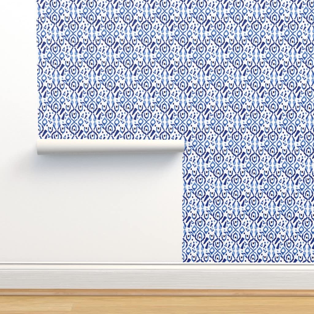 Removable Wallpaper Swatch - Blue Ikat Watercolor Indigo Boho White Triangle Spots | Custom Pre-Pasted Wallpaper by Spoonflower | Perfect for Nursery, Bedroom, Office & Home Decor