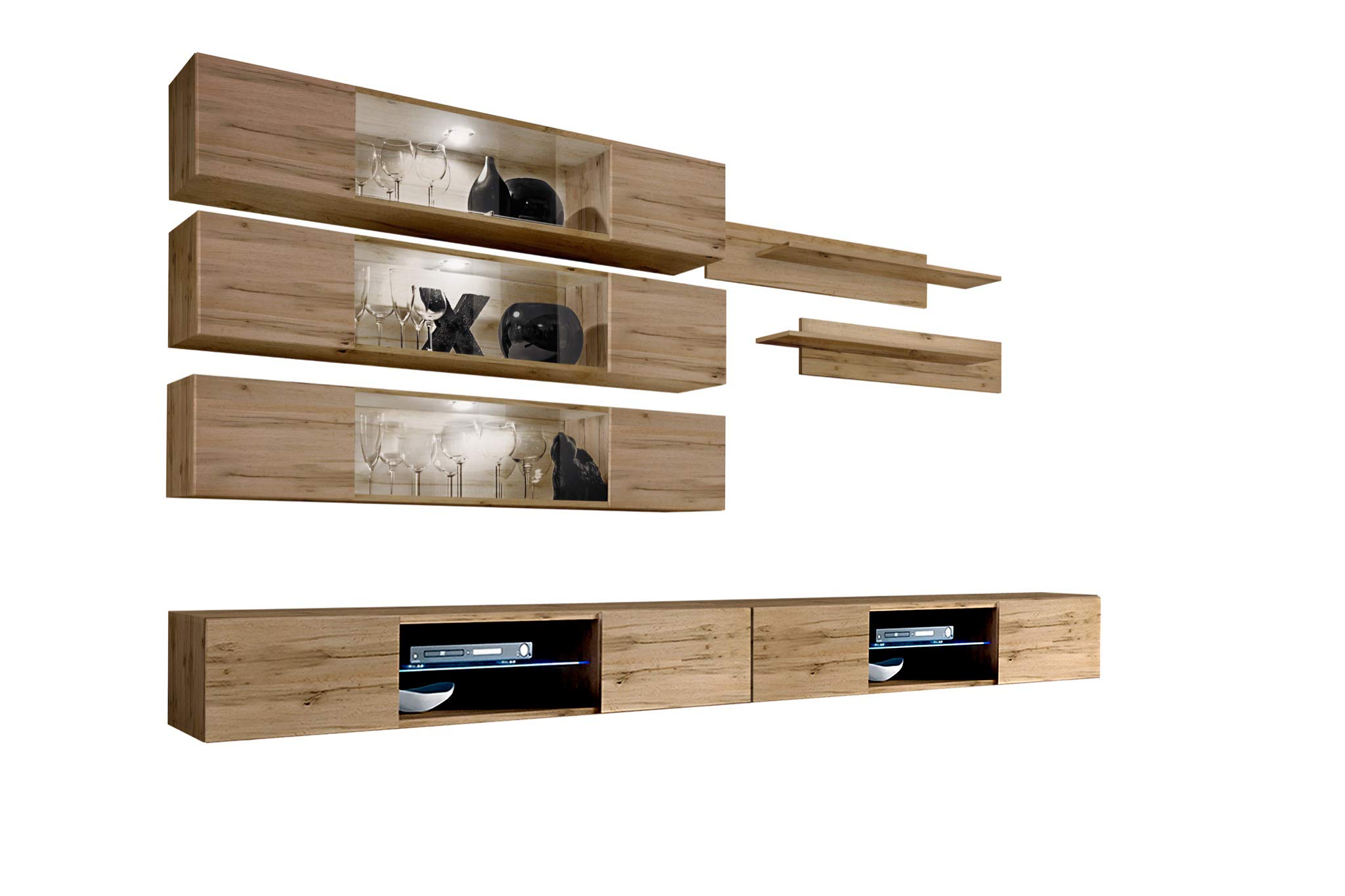 Modern Floating TV Stand with Storage & LED Lights - Wall-Mounted Entertainment Center for Bedroom & Living Room - Oak Wood TV Console with Shelves - Perfect for Small Spaces & Home Theater Setup