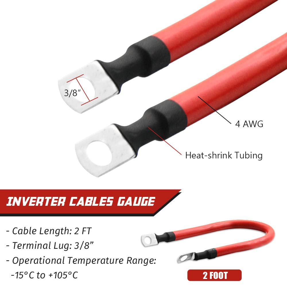 4 AWG Gauge Pure Copper Battery Cables - 2pcs Red & Black Power Inverter Wire Set with 3/8