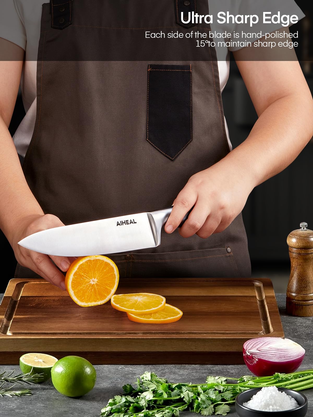17-Piece Stainless Steel Kitchen Knife Set with Acrylic Stand - Super Sharp, Rust-Free Knives Including Steak Knives & Built-in Sharpener | Perfect for Home Chefs, Cooking Enthusiasts & Professional Kitchens