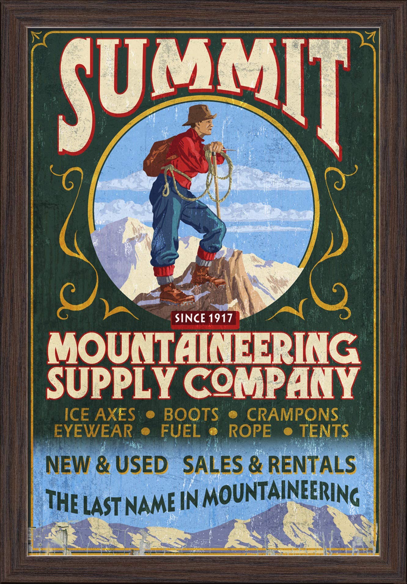 Vintage Mountaineering Sign - 16x24 Giclee Fine Art Print with Recycled Wood Frame in Espresso Brown - Perfect for Cabin Decor, Outdoor Enthusiast Gifts & Adventure-Themed Home Office