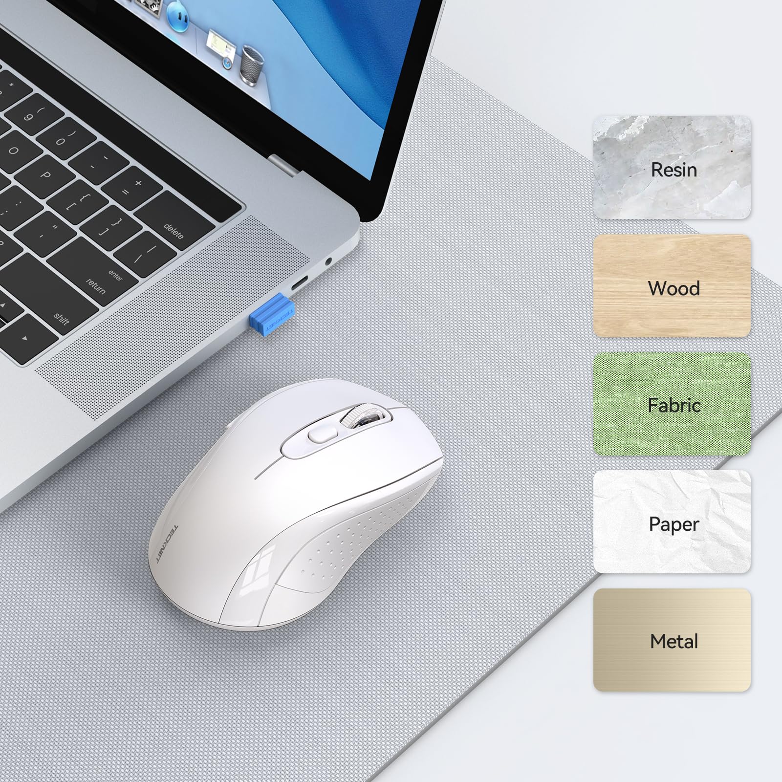 TECKNET Bluetooth Wireless Mouse - 3 Modes (Bluetooth 5.0/3.0 & 2.4G) with USB Nano Receiver, 4000 DPI Optical Tracking, Ergonomic Design for Laptop, MacBook Pro/Air, PC - Perfect for Office, Travel & Home Use (White)