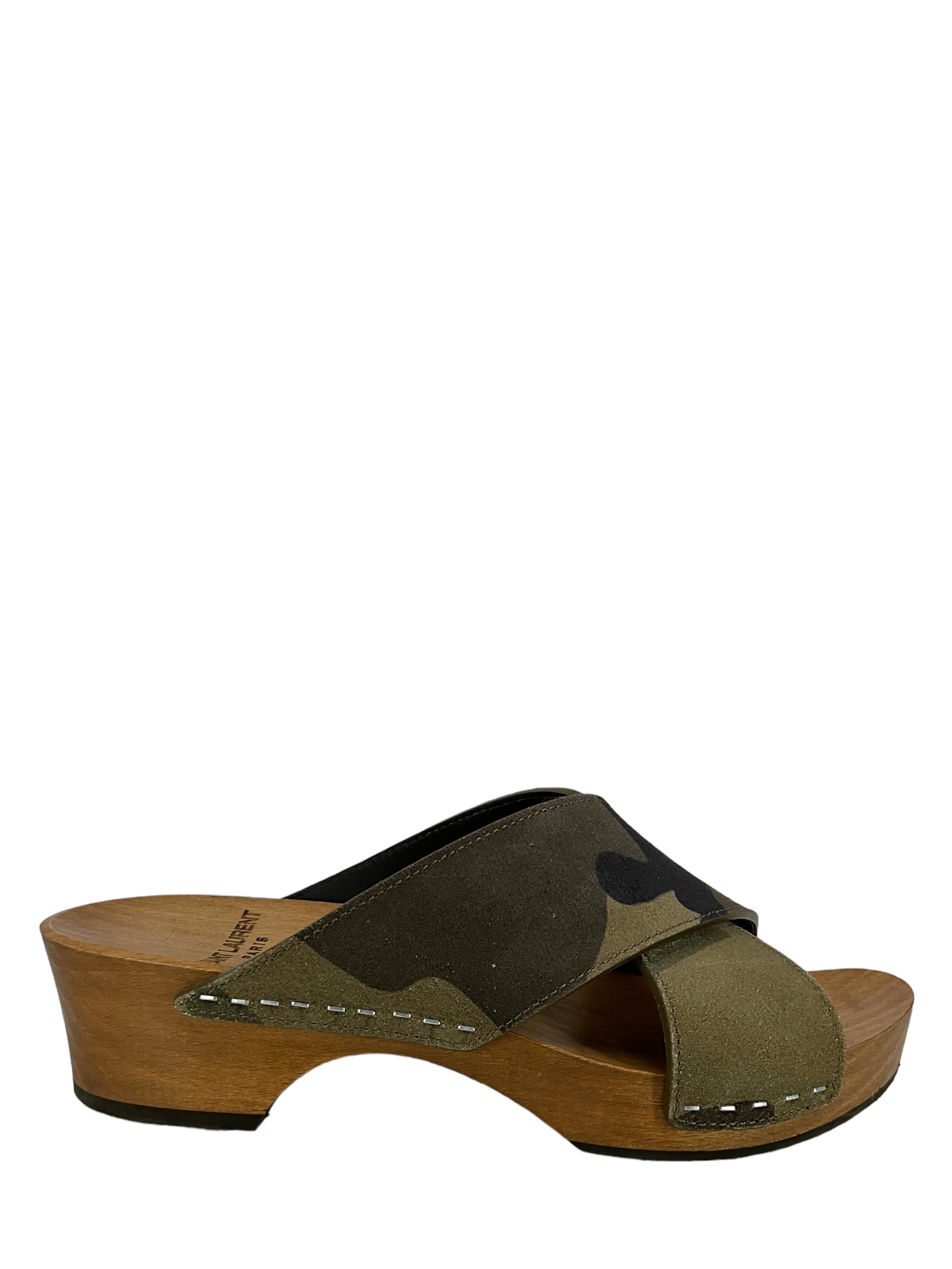 Saint Laurent Signature Camo Suede Clogs Women's Size 6.5 - Luxury Designer Slide Sandals for Casual Outings & Summer Fashion