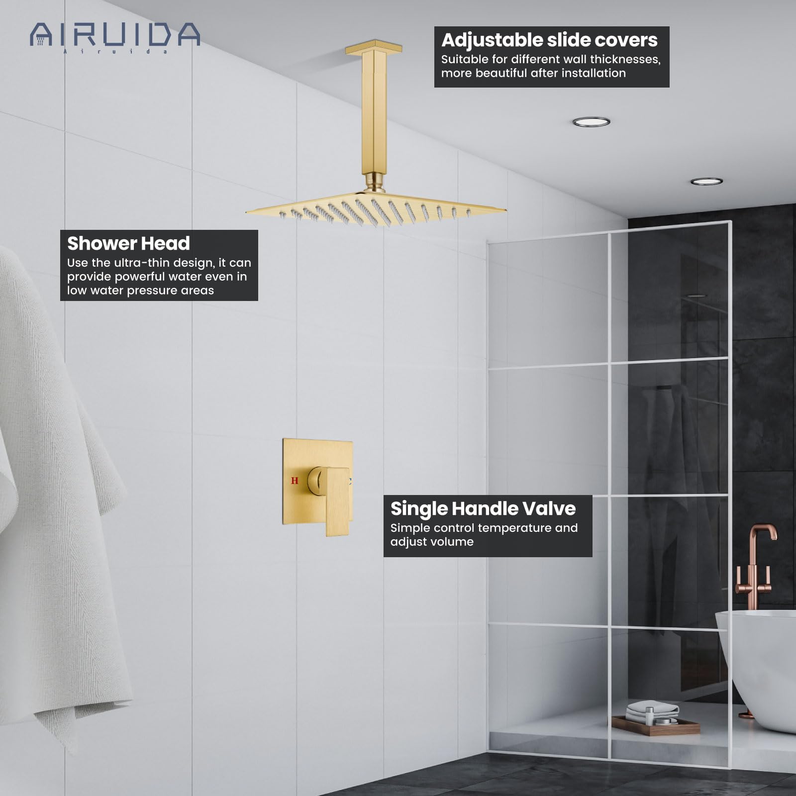 Airuida Brushed Gold Ceiling Mount Rainfall Shower System - 10 Inch Square Shower Head with Single Function Trim Kit, Male Threads & Rough-in Valve | Perfect for Modern Bathroom Renovations & Spa-Like Shower Experience