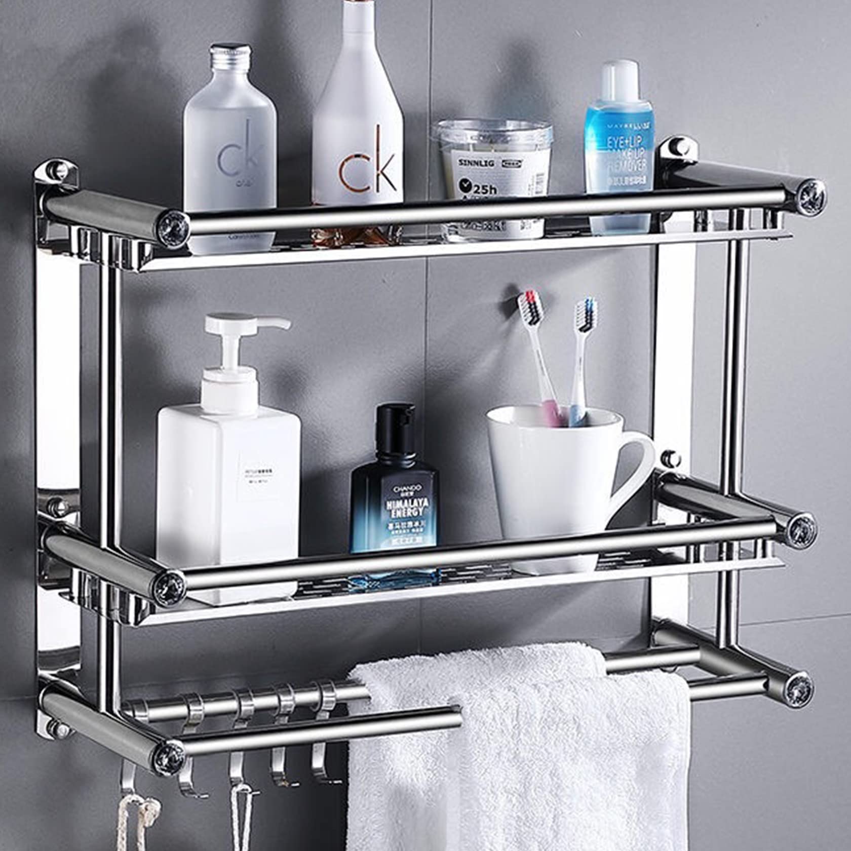 Stainless Steel Wall Mounted Bathroom Shelf with Towel Bar & 5 Hooks - 1/2/3 Tier Shower Organizer (40/50/60/70/80cm) - No Drill Adhesive Installation - Perfect for Small Bathrooms, Showers & Spa Areas