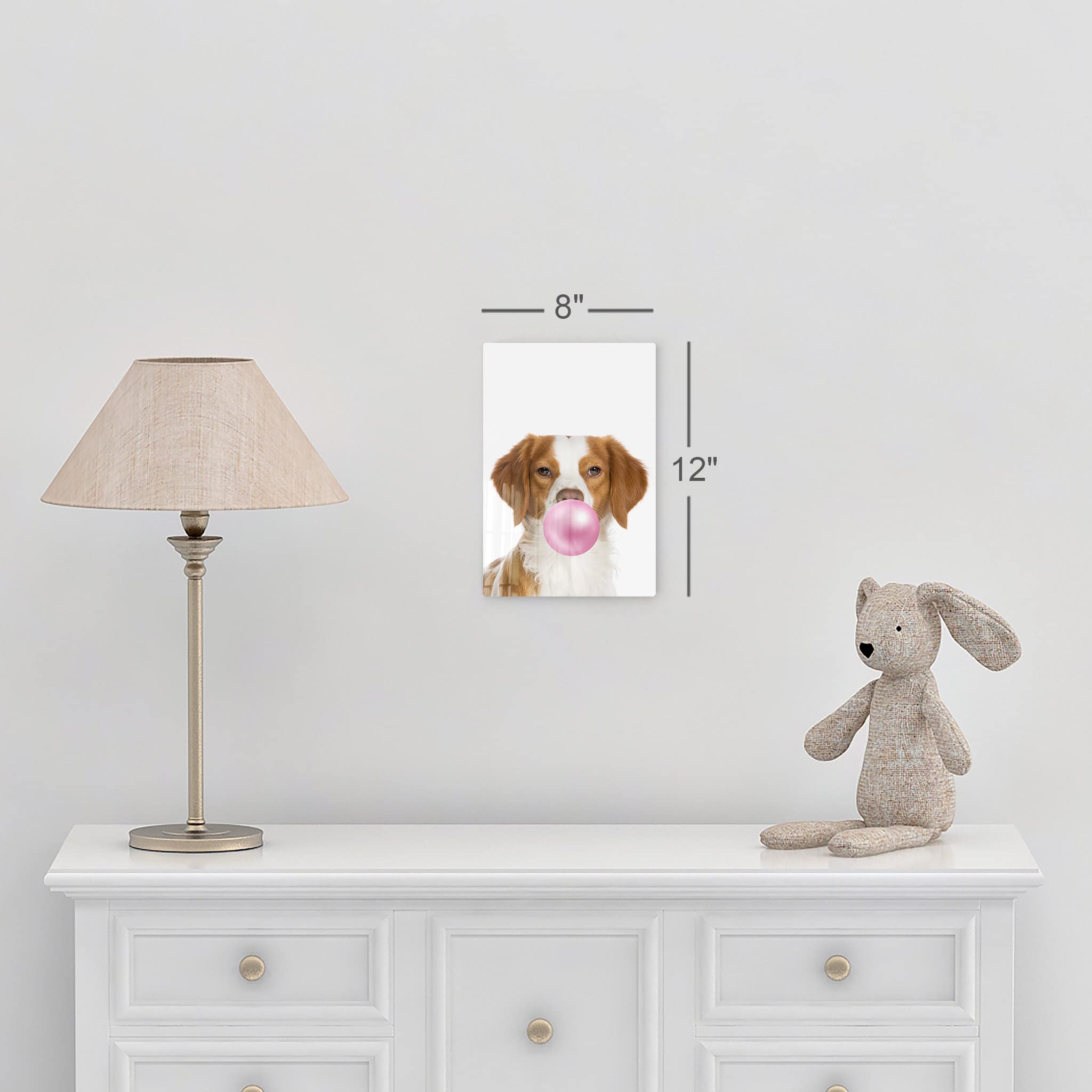 Epagneul Breton Dog Chewing Pink Bubble Gum Metal Wall Art Print - 30x20 - Pet Lover Gift, Pop Art Decor for Office, Living Room, Bedroom & Nursery - Perfect for Dog Owners & Animal Art Enthusiasts