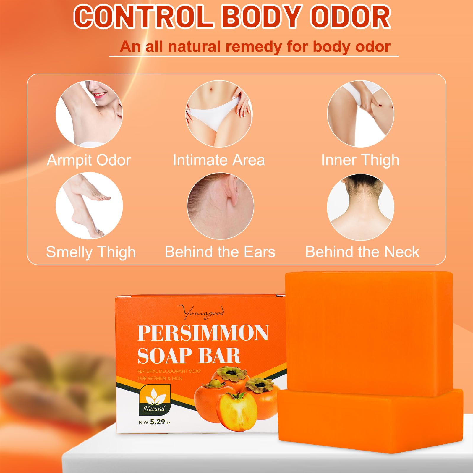 2 Pack Natural Persimmon Deodorant Soap Bars for Body Odor Control - Handmade Deep Cleansing Bar Soap for Men & Women to Eliminate Strong Odors - Perfect for Elderly Care, Gym, Travel & Daily Hygiene