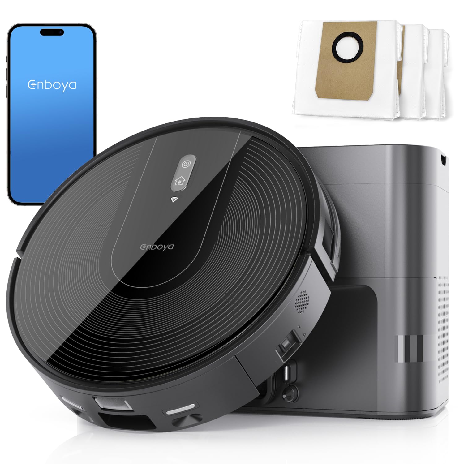 Enboya Powerful Robot Vacuum Cleaner with Self-Empty Station - 60 Days Dust Capacity - Wi-Fi/App/Alexa Control - Ideal for Hard Floors, Pet Hair & Low Carpets - Perfect for Home Cleaning & Pet Owners