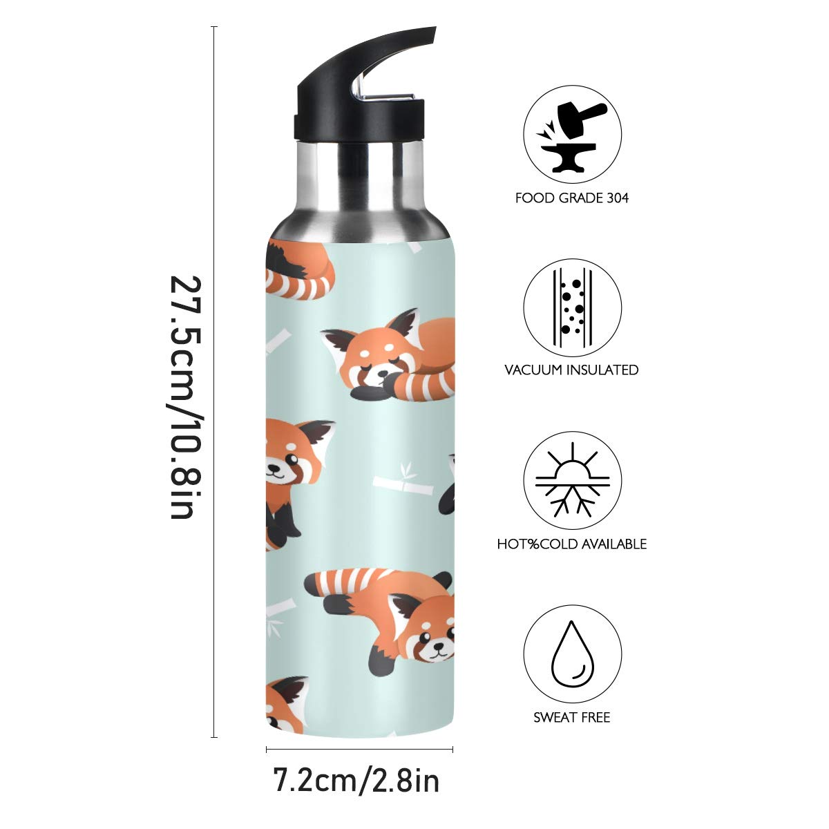 Blueangle Cute Red Panda Insulated Stainless Steel Water Bottle with Straw - BPA Free, Leak Proof, 24hr Temperature Retention - Perfect for Gym, Hiking, Camping & Outdoor Activities