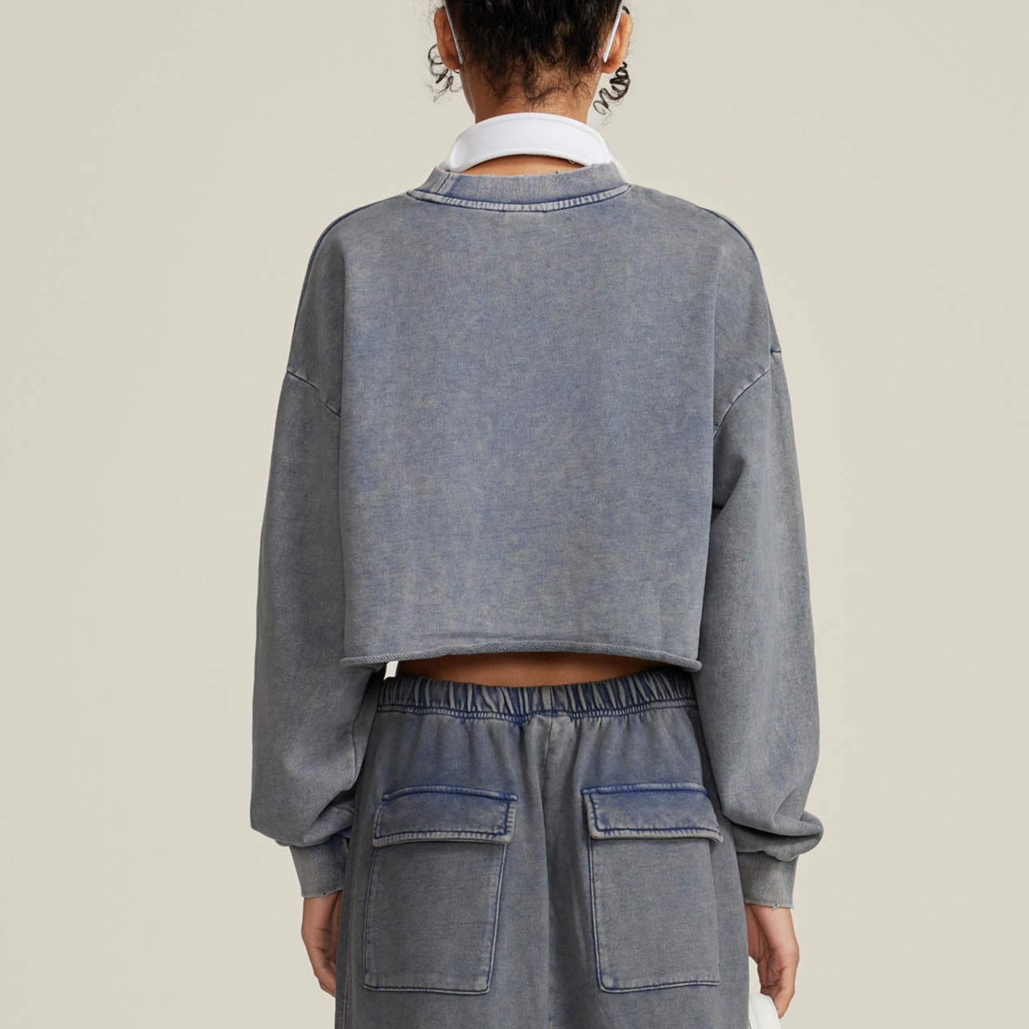 Vintage Acid Wash Cropped Sweatshirt for Women - Long Sleeve Pullover Hoodie Top | Workout, Casual Wear & Street Style Fashion