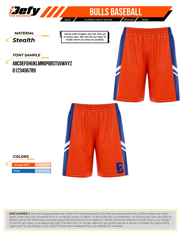 Bulls Baseball Orange Full Dye Shorts - Comfortable Athletic Shorts for Baseball, Sports & Casual Wear - Perfect for Games, Training & Everyday Use