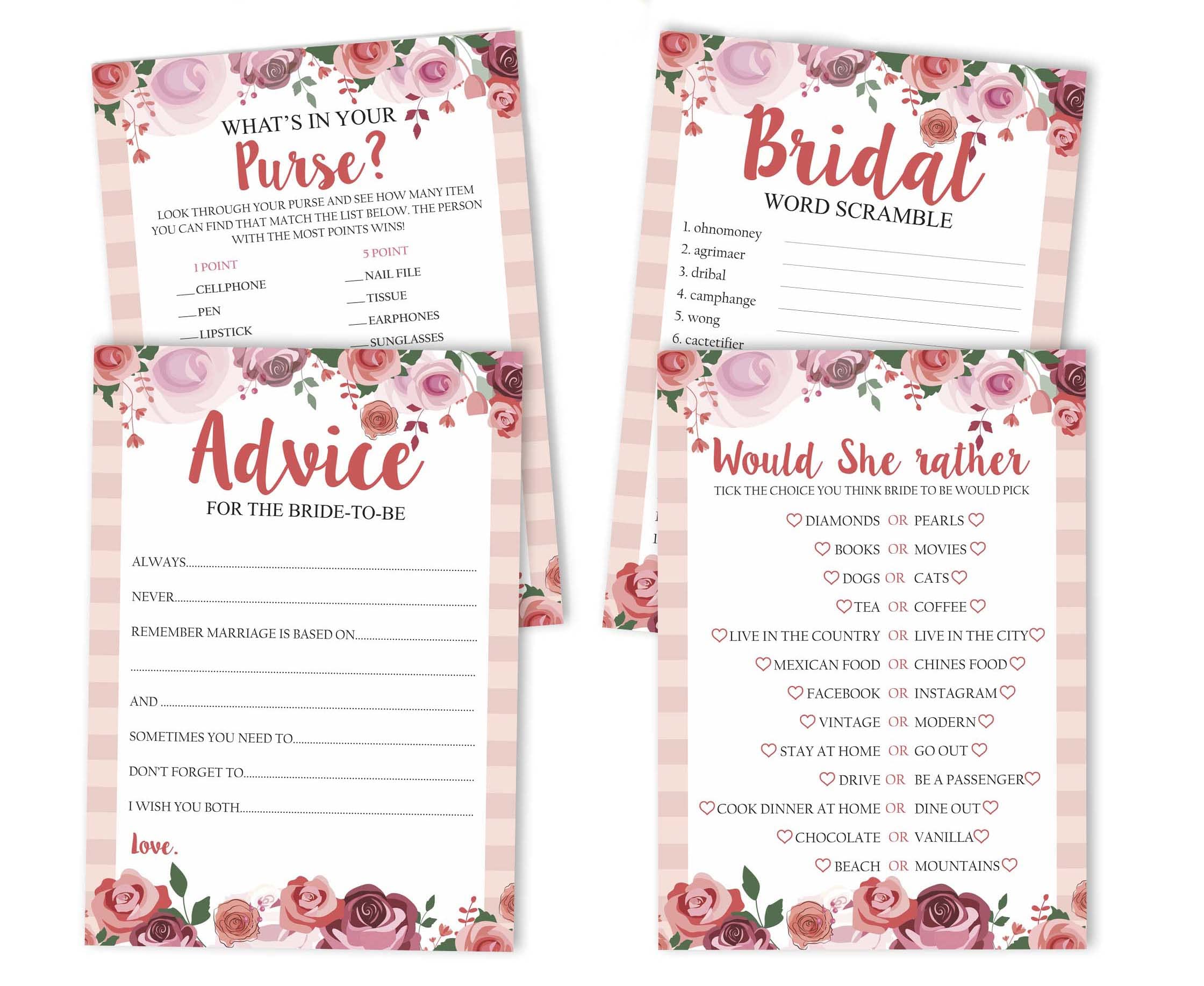 Bachelorette Party Games Set - 4 Fun Bridal Shower Games (50 Sheets Each) Floral Design for Wedding Celebrations & Girls Night Out