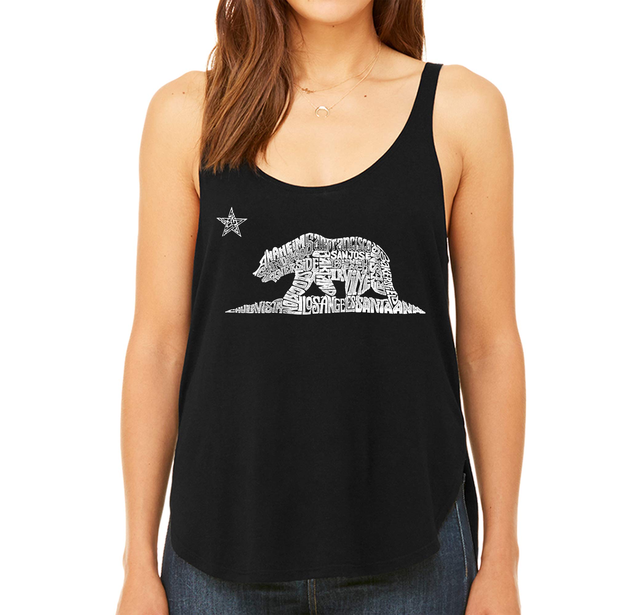 LA POP ART Women's Premium Word Art Flowy Tank Top - California Bear Design | Soft Breathable Summer Casual Tops | Perfect for Beach Outings, Music Festivals & California Travel